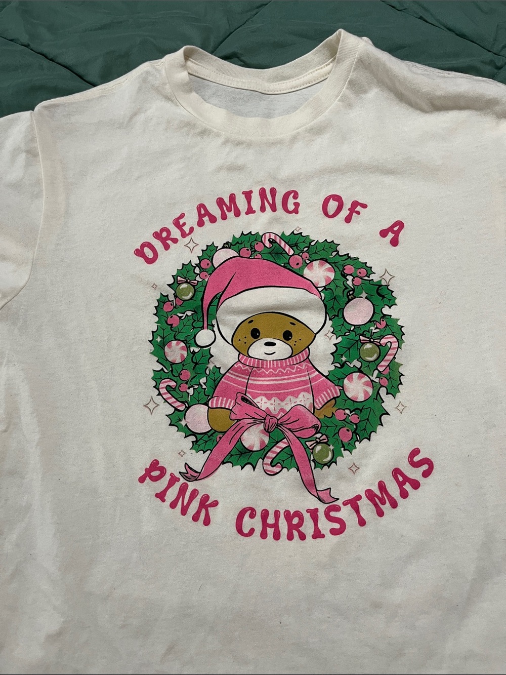 White Tshirt with Pink Christmas Bear Graphic